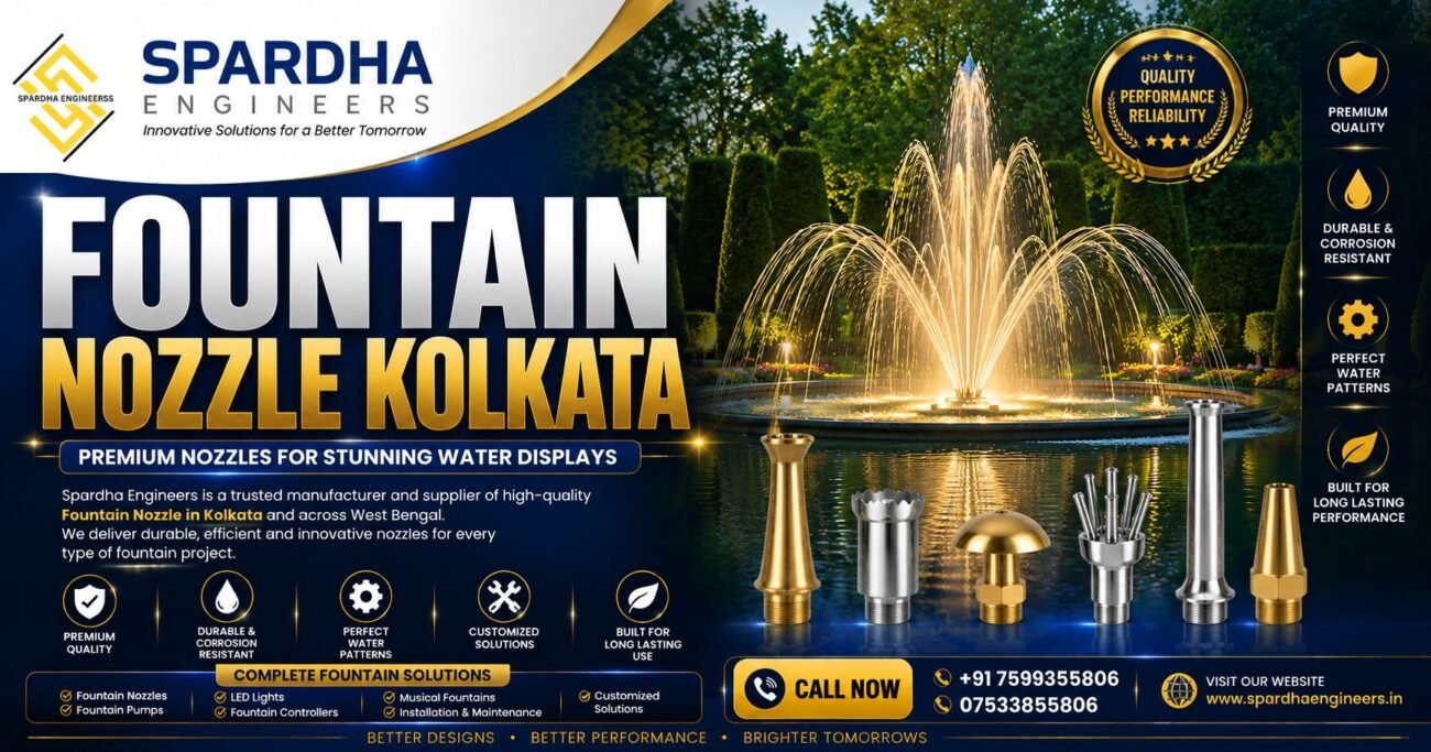 Premium Fountain Nozzle Kolkata with modern decorative water fountain designed and installed by Spardha Engineers for commercial landscapes, parks, hotels, and public spaces.