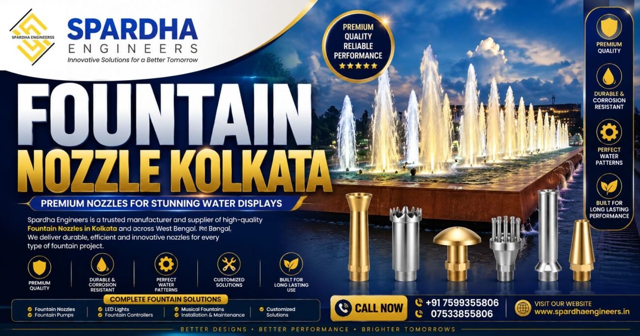 Premium Fountain Nozzle Kolkata with modern decorative water fountain designed and installed by Spardha Engineers for commercial landscapes, parks, hotels, and public spaces.