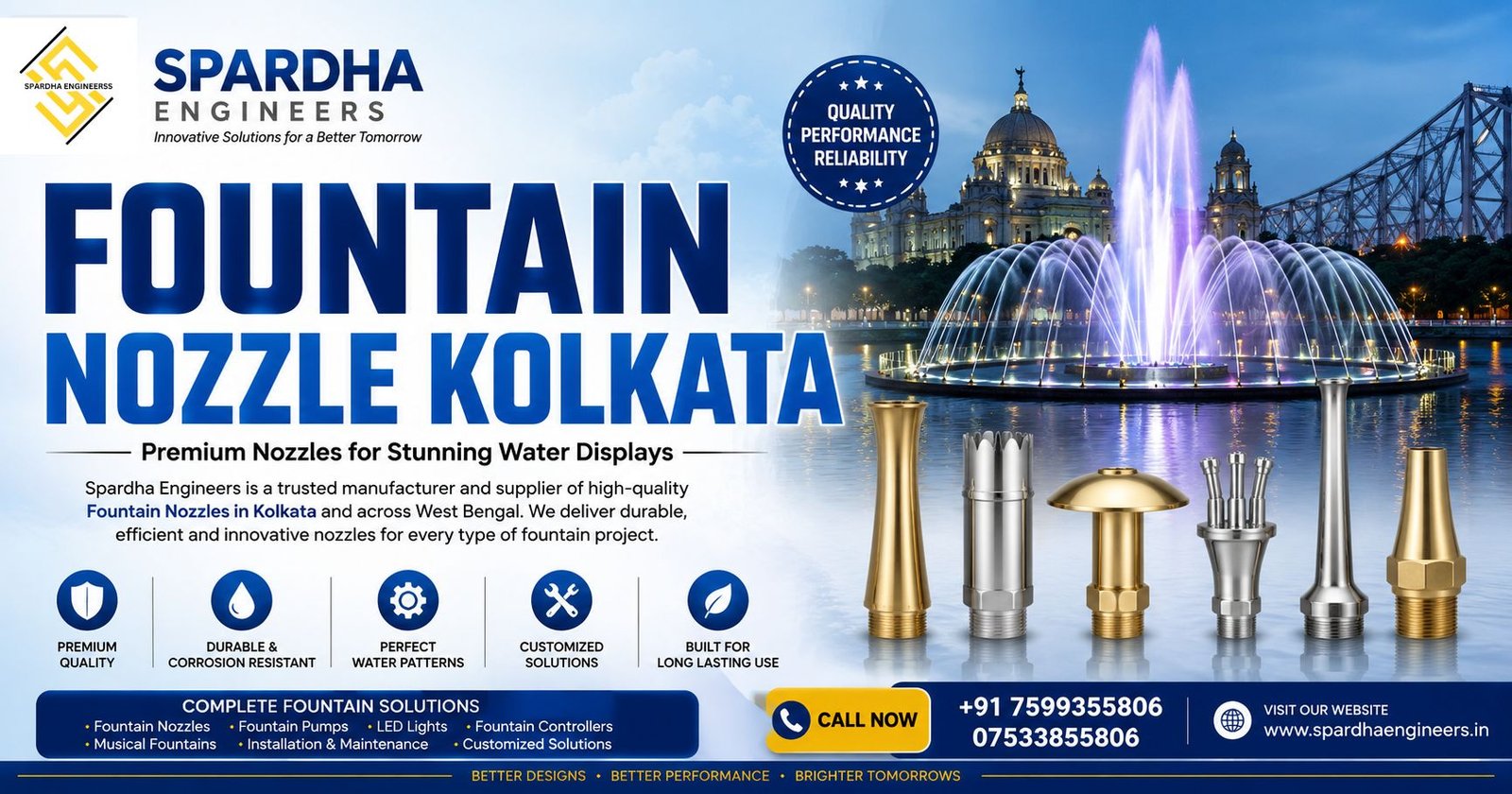 Premium Fountain Nozzle Kolkata water fountain with modern linear jet fountain installed by Spardha Engineers for commercial and landscape projects.