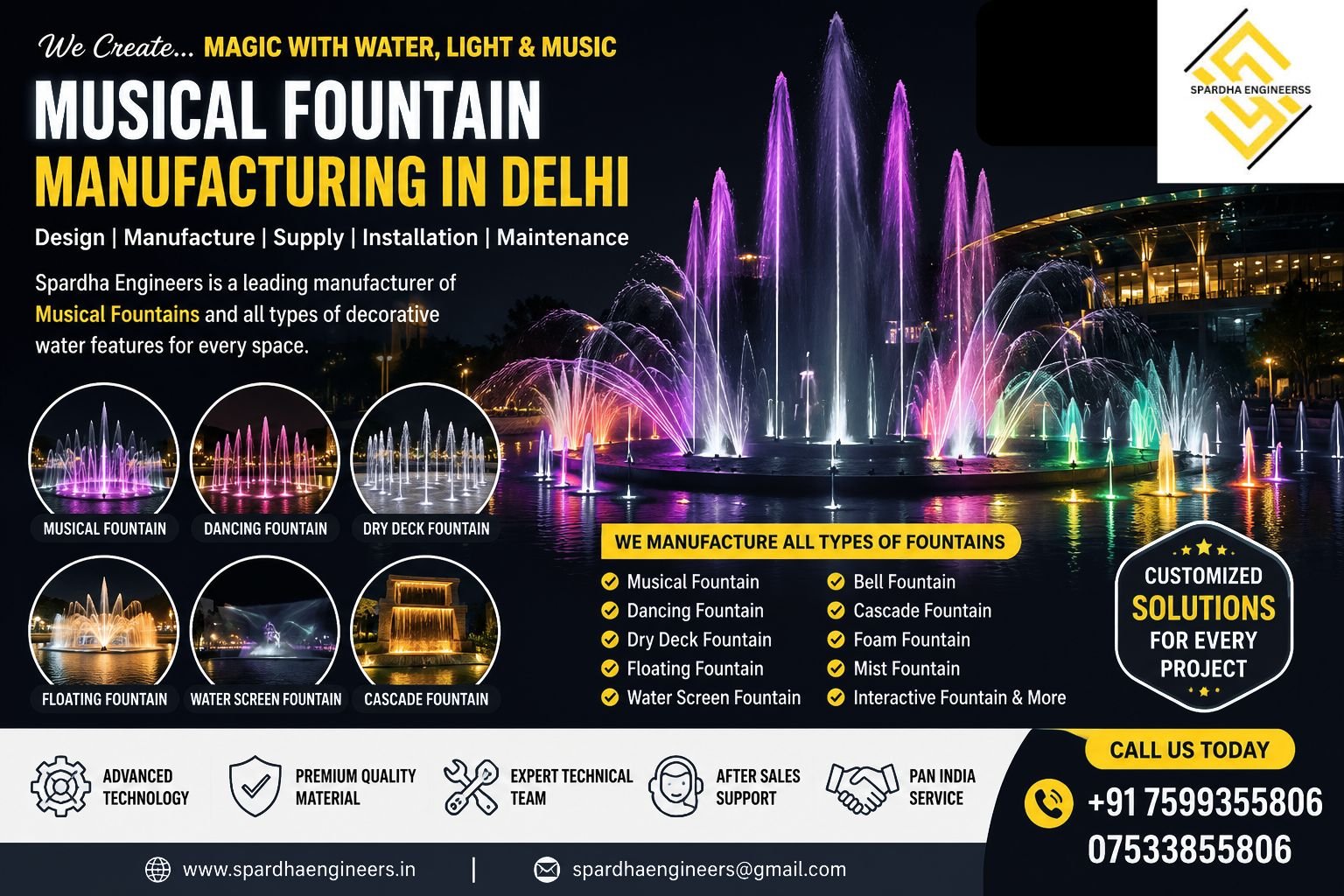 Musical Fountain Manufacturing in Delhi by Spardha Engineers featuring a synchronized LED water fountain with colorful lighting and advanced fountain technology.