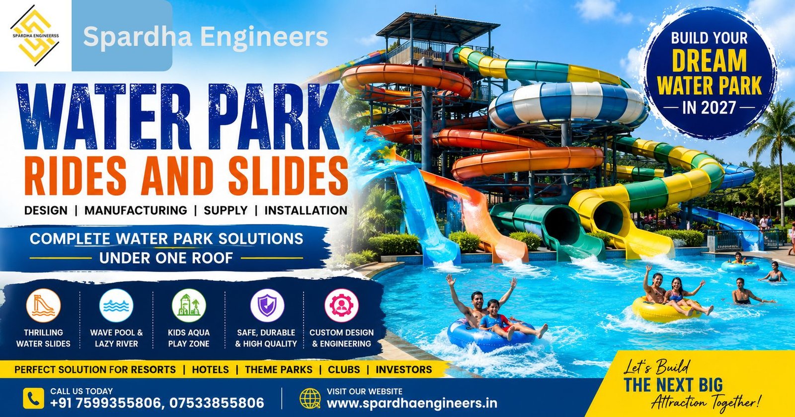 Colorful Water Park Rides and Slides manufactured by Spardha Engineers featuring high-speed multi-lane slides, spiral water slide, and commercial water park attractions for resorts, amusement parks, and theme parks.