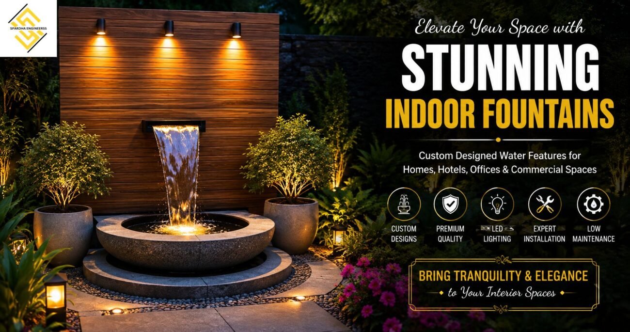 Indoor fountain manufacturer in India creating stunning custom water features for homes, hotels, offices, and commercial spaces.
