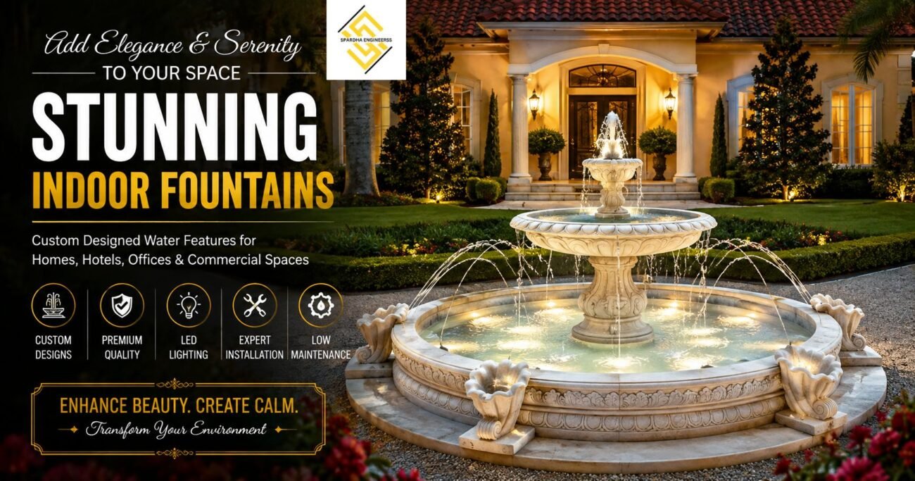 Custom indoor water fountain designed by an Indian fountain manufacturer to enhance modern interior spaces.