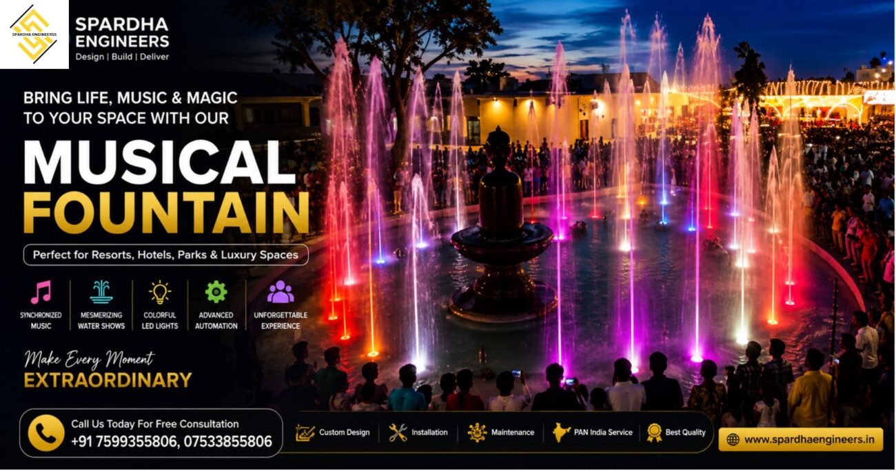 Best Musical Fountain Manufacturer in India – Colorful LED Musical Fountain with synchronized water, music, and lighting for resorts, hotels, parks, and commercial spaces by Spardha Engineers.