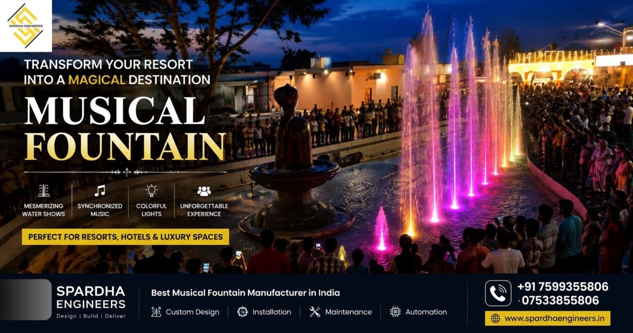 Best Musical Fountain Manufacturer in India showcasing a colorful synchronized dancing musical fountain with LED lights for resorts, hotels, parks, and public spaces by Spardha Engineers.
