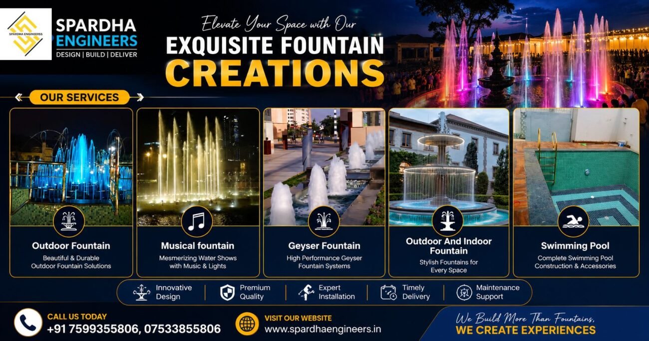 Best Musical Fountain Manufacturer in India – Colorful LED Musical Fountain with synchronized water, music, and lighting for resorts, hotels, parks, and commercial spaces by Spardha Engineers.
