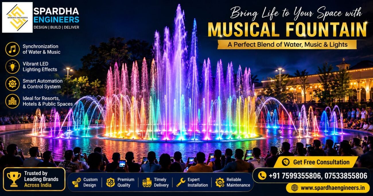 Best Musical Fountain Manufacturer in India – Colorful LED Musical Fountain with synchronized water, music, and lighting for resorts, hotels, parks, and commercial spaces by Spardha Engineers.