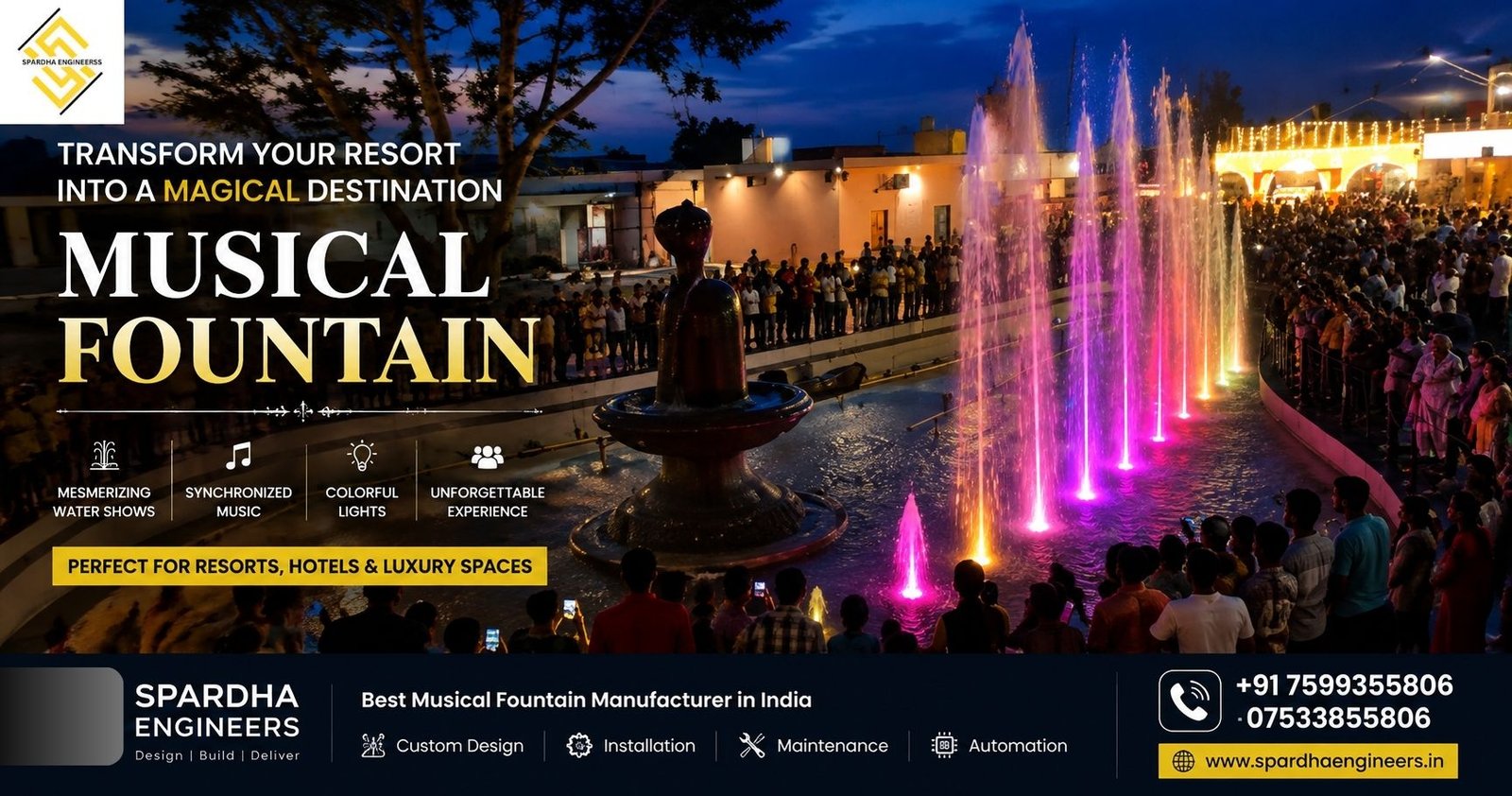 Best Musical Fountain Manufacturer in India showcasing a colorful synchronized dancing musical fountain with LED lights for resorts, hotels, parks, and public spaces by Spardha Engineers.