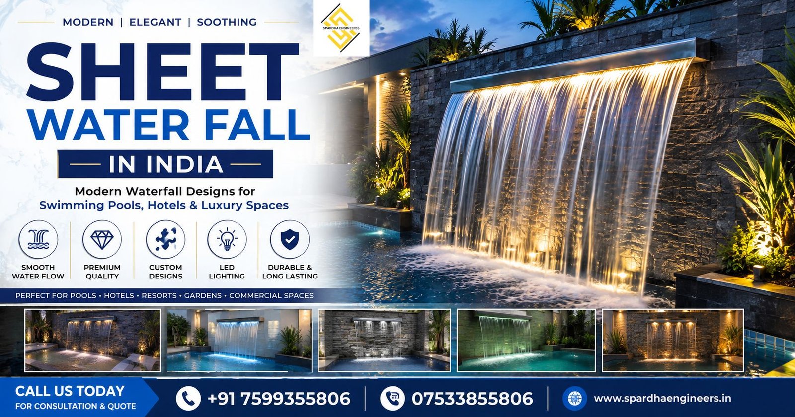 SHEET WATER FALL in India with modern wall fountain, LED lighting, and decorative pool