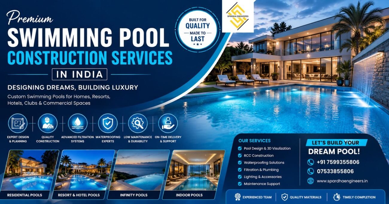 Luxury Swimming Pool Construction Services in India with modern villa, custom-designed outdoor swimming pool, premium landscaping, LED lighting, and elegant poolside architecture by Spardha Engineers.