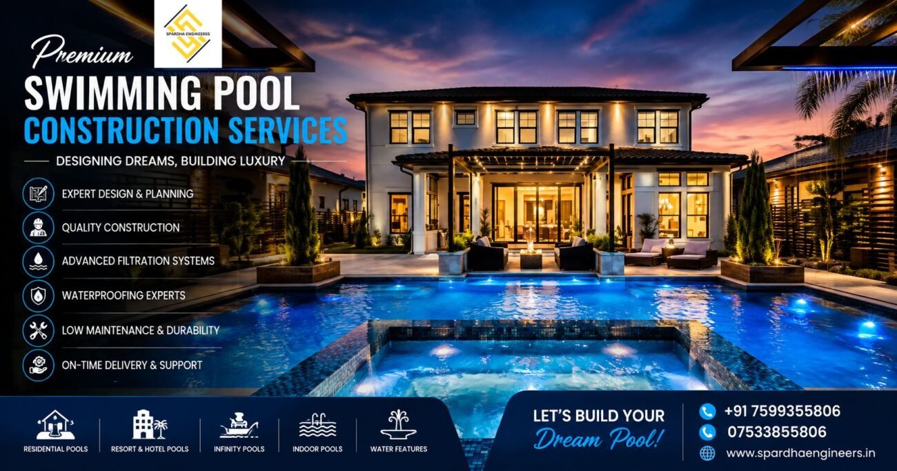 Luxury Swimming Pool Construction Services in India with modern villa, custom-designed outdoor swimming pool, premium landscaping, LED lighting, and elegant poolside architecture by Spardha Engineers.