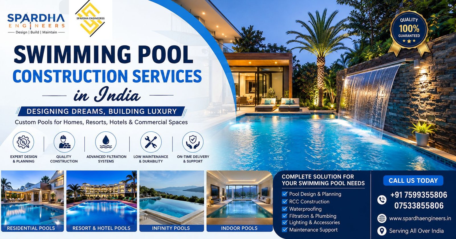 Luxury swimming pool construction showcasing a modern residential villa with a beautifully illuminated custom pool and premium outdoor design.