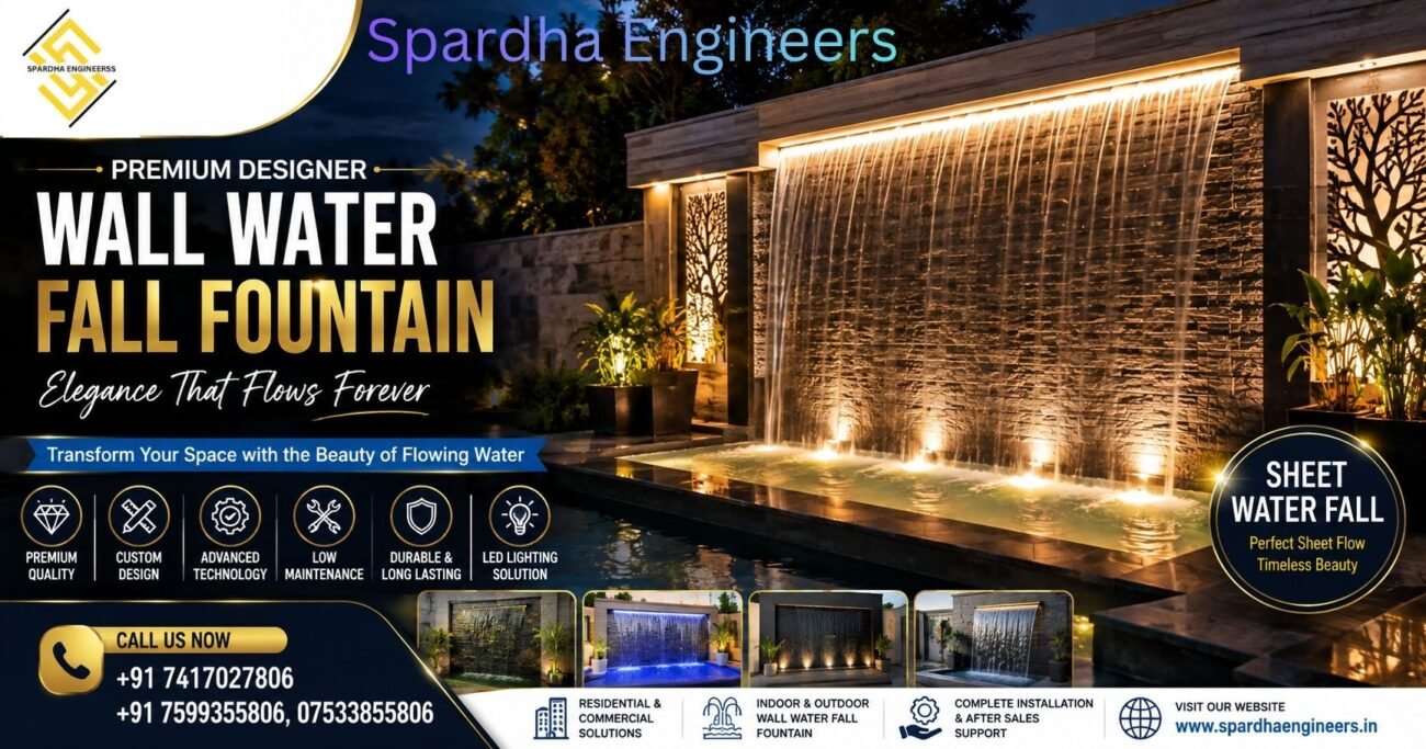 WALL WATER FALL FOUNTAIN with Vertical Garden and SHEET WATER FALL installed by Spardha Engineers for luxury indoor and commercial spaces.