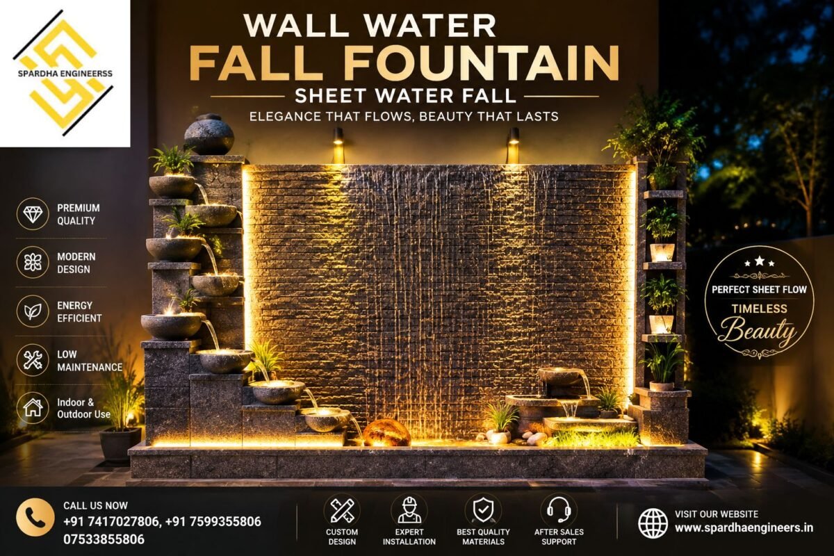 WALL WATER FALL FOUNTAIN with Vertical Garden and SHEET WATER FALL installed by Spardha Engineers for luxury indoor and commercial spaces.