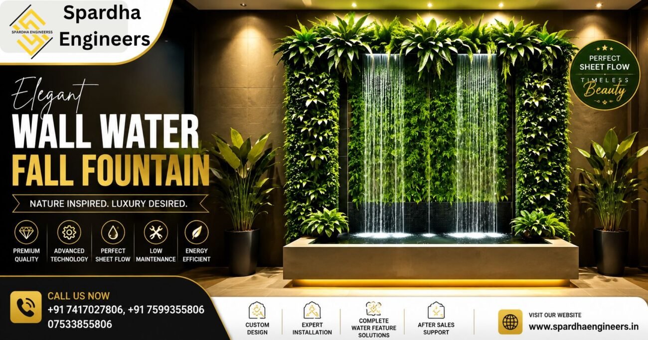 WALL WATER FALL FOUNTAIN with Vertical Garden and SHEET WATER FALL installed by Spardha Engineers for luxury indoor and commercial spaces.