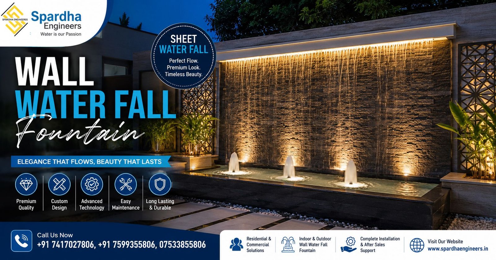 Premium WALL WATER FALL FOUNTAIN with vertical garden and SHEET WATER FALL design by Spardha Engineers for indoor and commercial spaces.