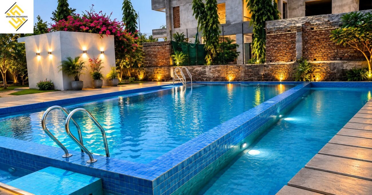 Swimming pool construction with modern blue tiles, waterfall features, underwater lighting, and luxury pool design in India.