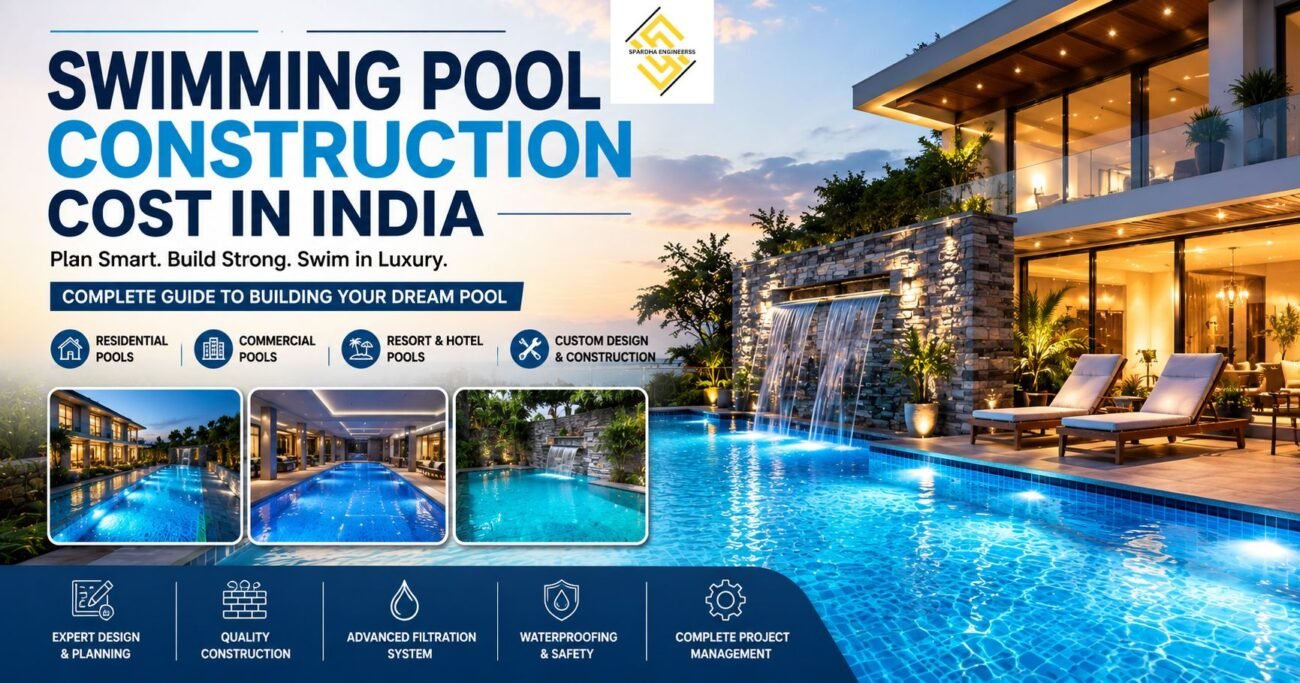 Premium swimming pool construction with blue mosaic tiles, waterfall features and modern lighting