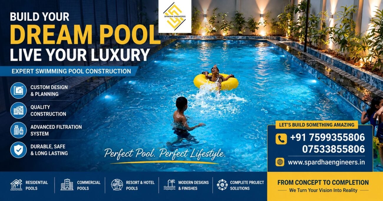 Swimming pool construction with modern blue tiles, waterfall features, underwater lighting, and luxury pool design in India.