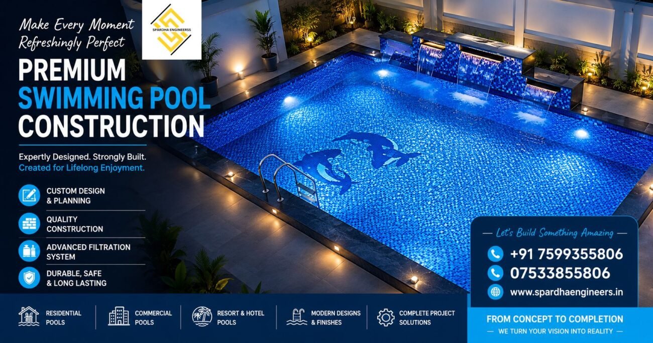 Swimming pool construction with modern blue tiles, waterfall features, underwater lighting, and luxury pool design in India.