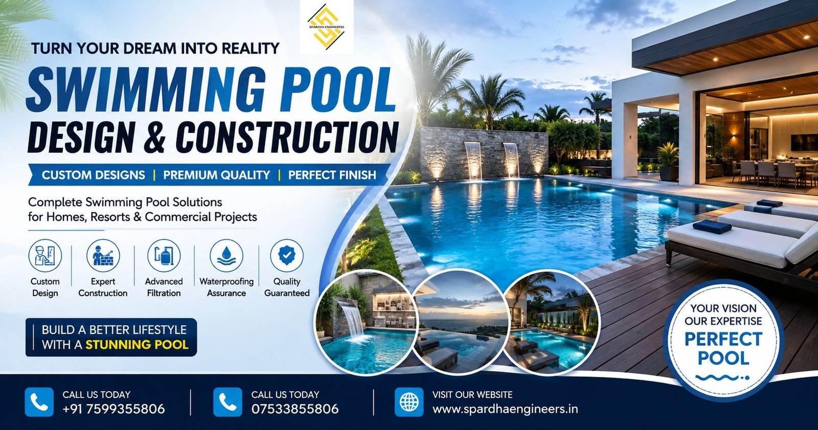 Swimming pool design and construction with luxury poolside seating and tropical landscaping