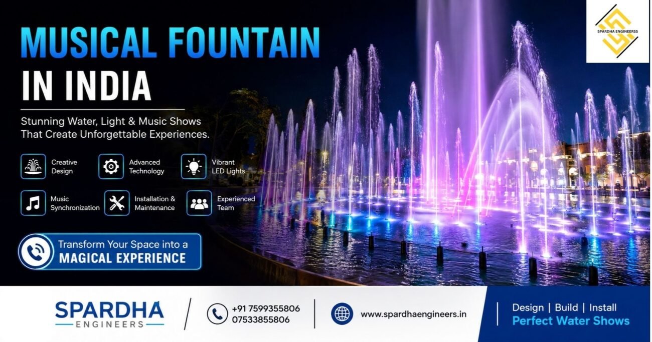 Musical Fountain in India with colorful water jets, LED lighting and synchronized fountain show