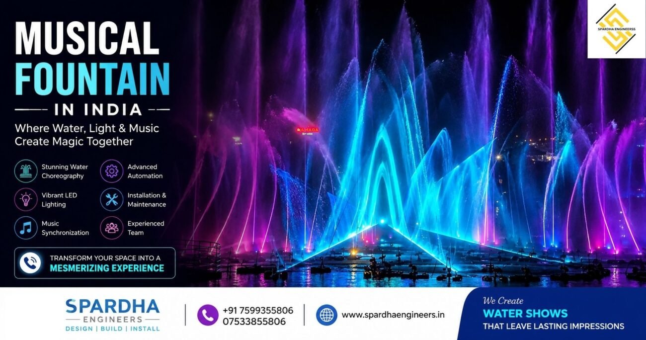 Stunning musical fountain show with synchronized water, lights and music