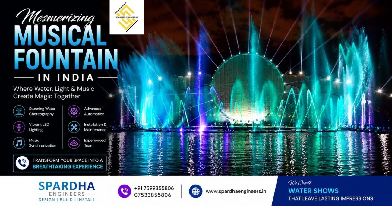 Modern musical fountain design for spectacular water and light shows in India
